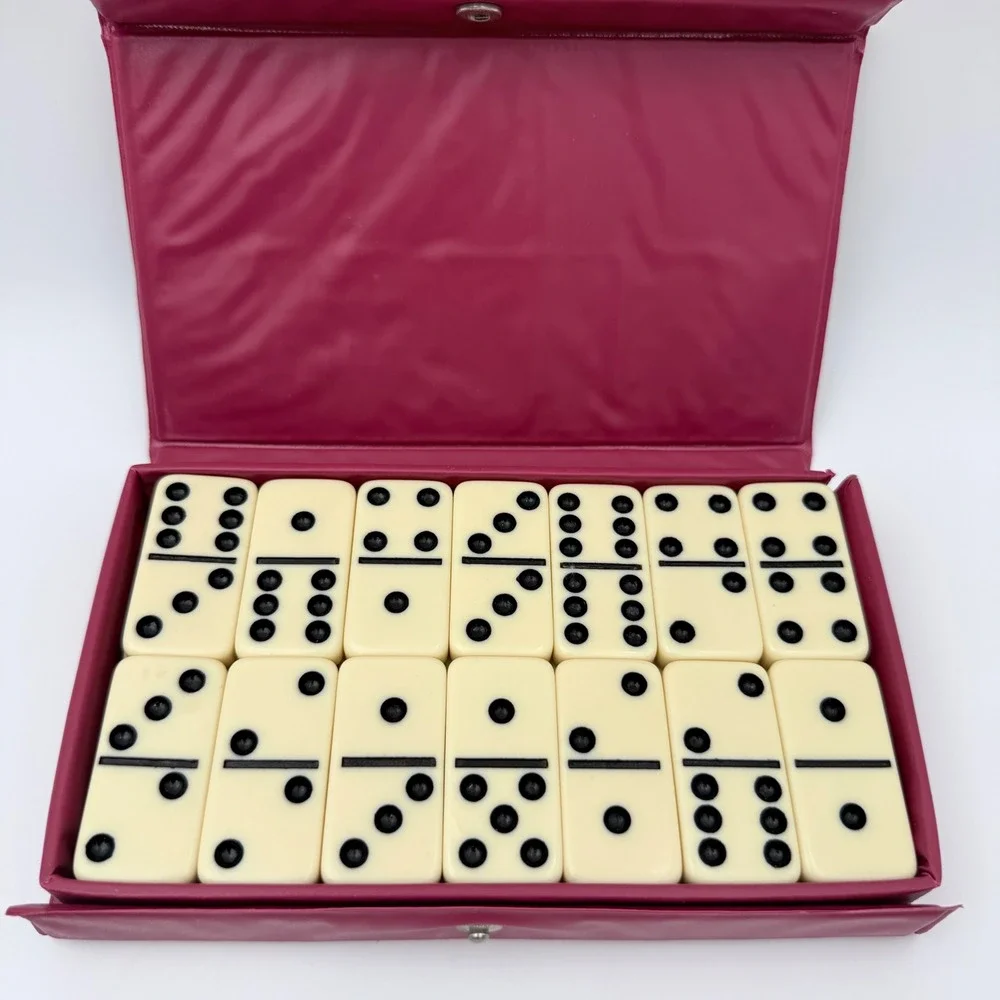 Cardinal Double Six Dominoes Set 28 Pieces Ivory Tiles Red Case‎